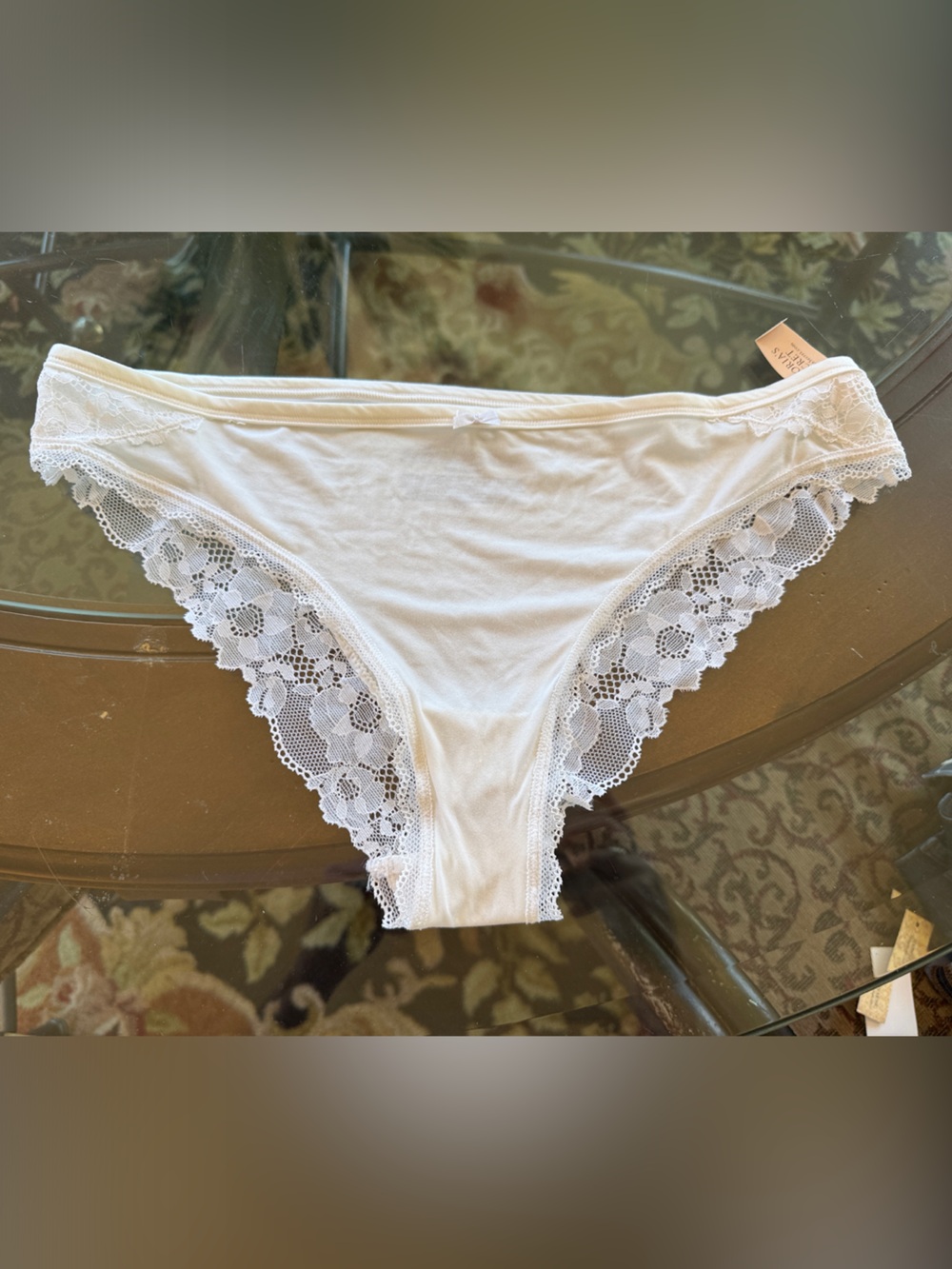 PINK Victoria's Secret White Lace-Trim Bikini Panty-Cheekini size L
